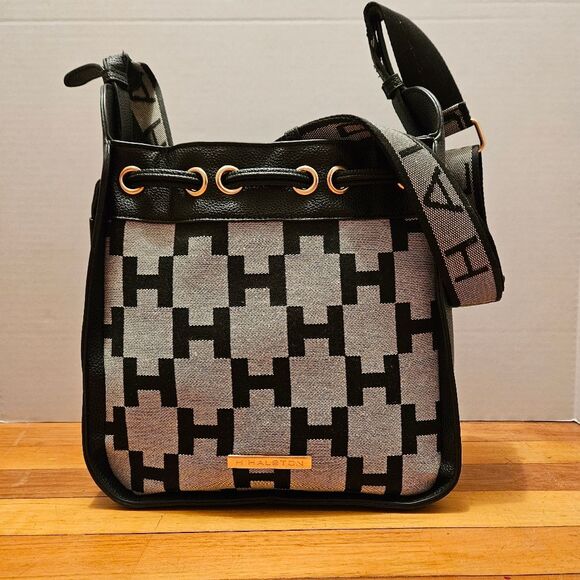 H by Halston Heritage Crossbody Bag Black Grey Purse Strap Drawstring Closure - Picture 1 of 5